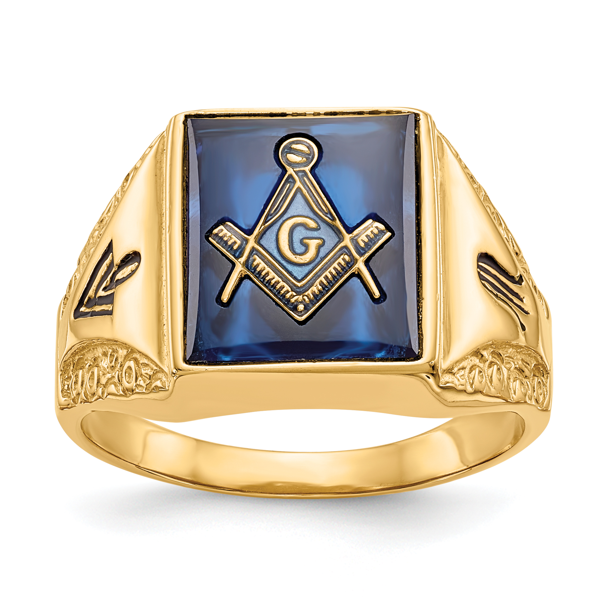 10k Men's Polished, Antiqued and Textured with Imitation Blue Spinel Masonic Ring (10Y4094M)