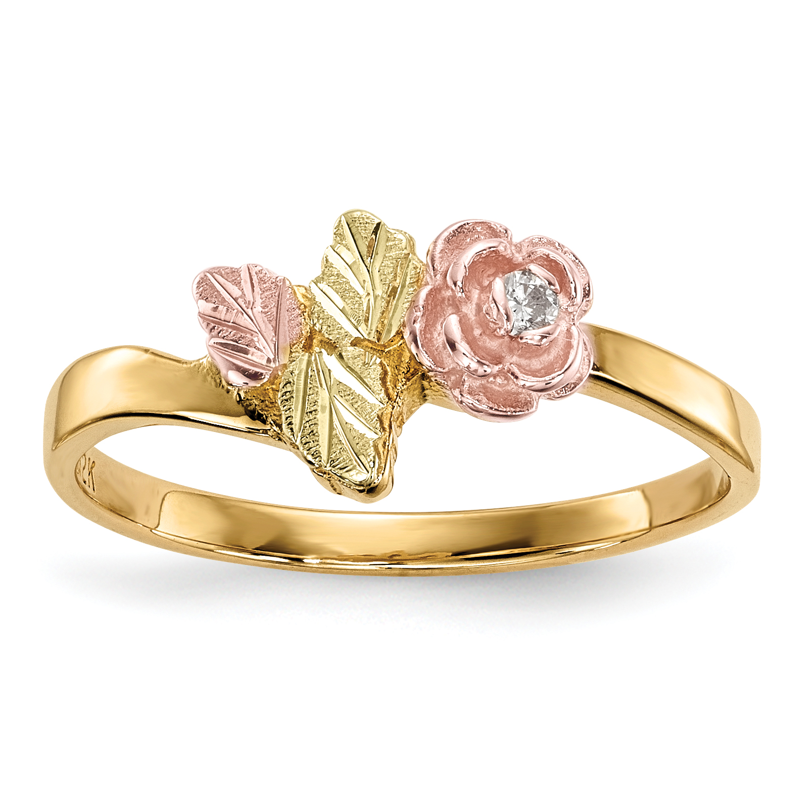 10k Tri Color Black Hills Gold Diamond Rose Band Ring Flower Leaf Fine ...
