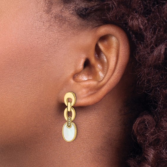 Herco 14K Polished and Brushed Mother of Pearl and Diamond Oval Link Post Dangle Earrings