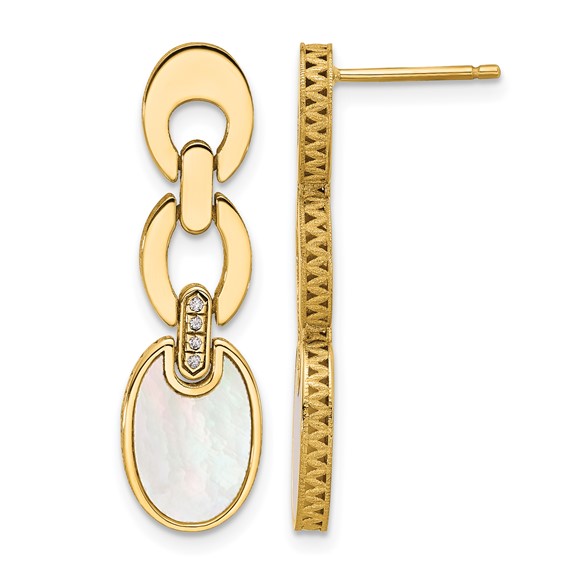 Herco 14K Polished and Brushed Mother of Pearl and Diamond Oval Link Post Dangle Earrings