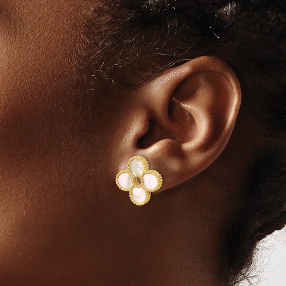 Herco 14K Polished and Beaded Mother of Pearl Flower Post Earrings