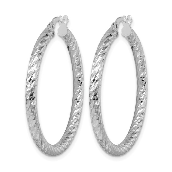 Herco 14K White Gold Rhodium-plated Polished Diamond-cut and Twisted 3.0mm Round Hoop Earrings