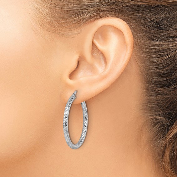 Herco 14K White Gold Rhodium-plated Polished Diamond-cut and Twisted 3.0mm Round Hoop Earrings