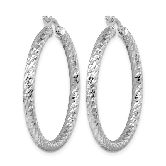 Herco 14K White Gold Rhodium-plated Polished Diamond-cut and Twisted 3.0mm Round Hoop Earrings