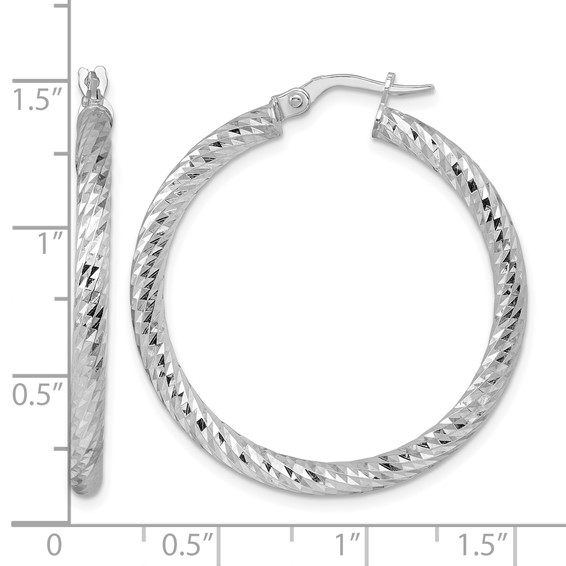 Herco 14K White Gold Rhodium-plated Polished Diamond-cut and Twisted 3.0mm Round Hoop Earrings