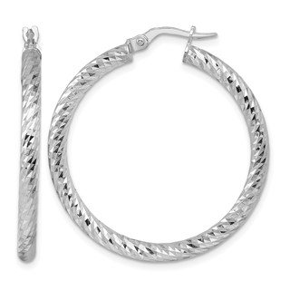 Herco 14K White Gold Rhodium-plated Polished Diamond-cut and Twisted 3.0mm Round Hoop Earrings