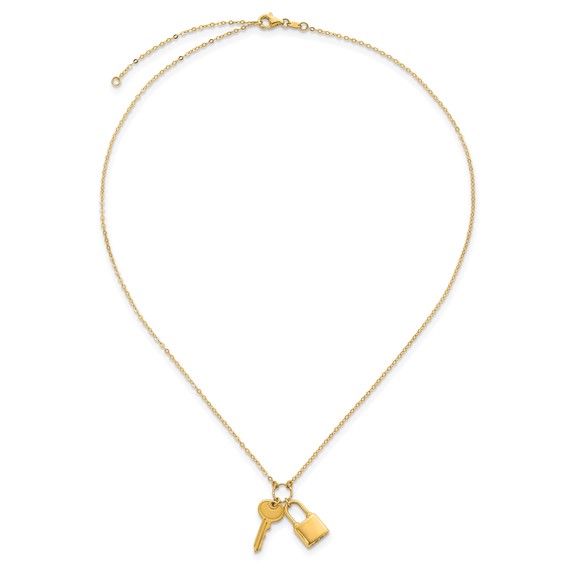 Herco 14K Polished and Textured Lock and Key 16 Inch with 2 Inch Extension Necklace