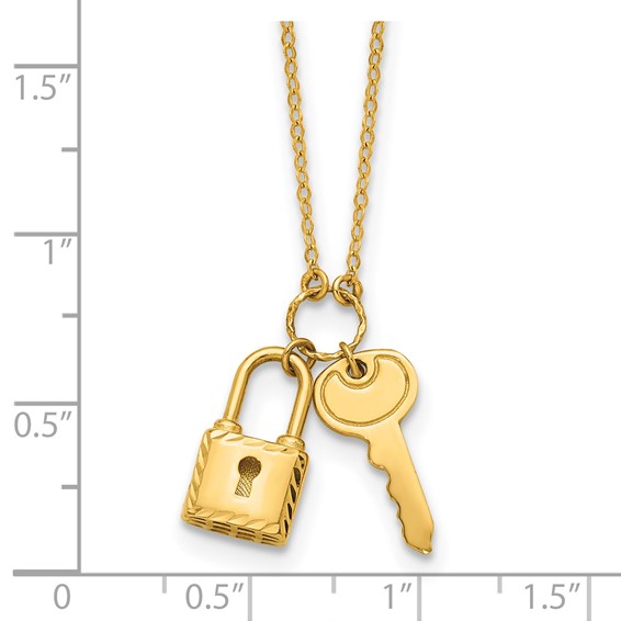 Herco 14K Polished and Textured Lock and Key 16 Inch with 2 Inch Extension Necklace