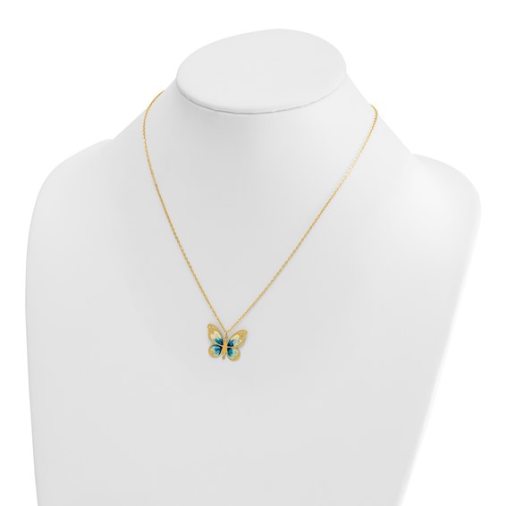 Herco 14K Polished Enameled Butterfly 16 Inch with 2 Inch Extension Necklace