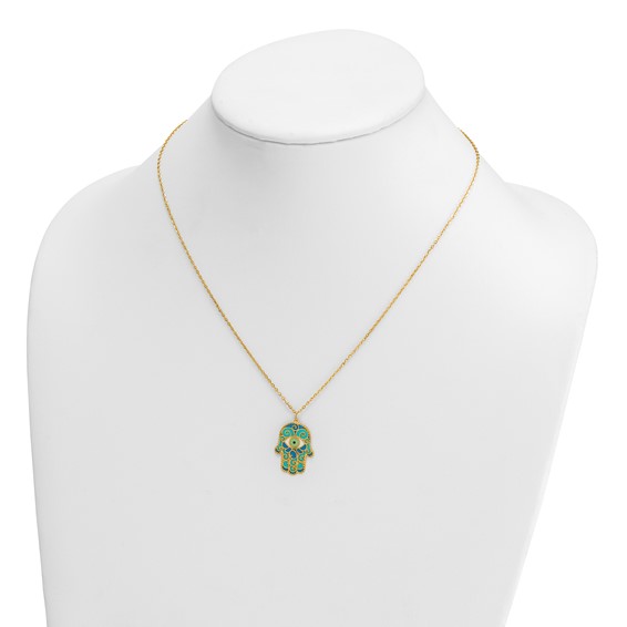 Herco 14K Polished Blue Enamel Hamsa 16 Inch with 2 Inch Extension Necklace