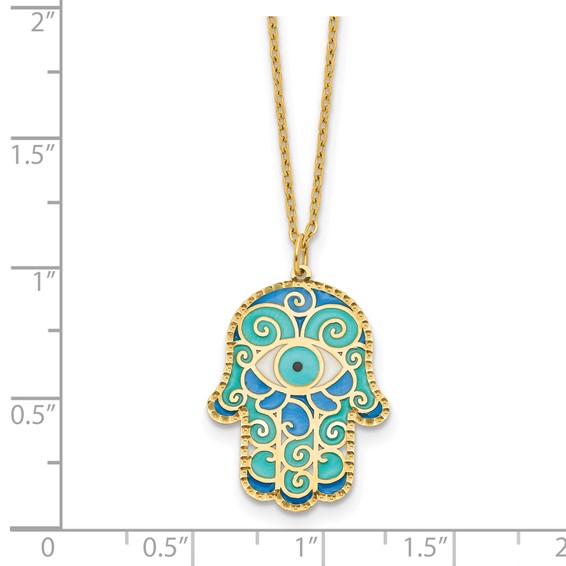 Herco 14K Polished Blue Enamel Hamsa 16 Inch with 2 Inch Extension Necklace
