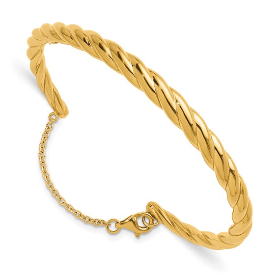 Herco 14K Polished and Twisted w/ Safety Chain Cuff Bangle
