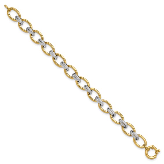 Herco 14K w/Rhodium Polished and Textured Fancy Oval Link Bracelet
