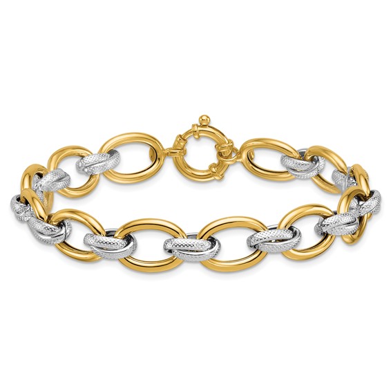 Herco 14K w/Rhodium Polished and Textured Fancy Oval Link Bracelet