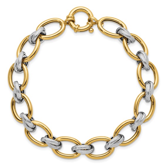 Herco 14K w/Rhodium Polished and Textured Fancy Oval Link Bracelet
