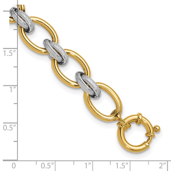 Herco 14K w/Rhodium Polished and Textured Fancy Oval Link Bracelet