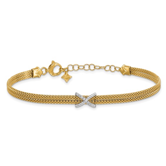 Herco 14K Two-Tone Polished Two-Strand Diamond X 7 Inch with 1.25 Inch Extension Bracelet
