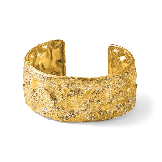 Herco 14K Satin and Textured Diamond Solid Coin Design Cuff Bangle