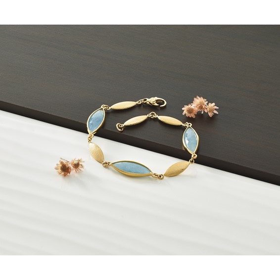 Herco 14K Polished Brushed Aquamarine Navette 7.5 Inch Bracelet