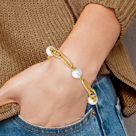 Herco 14K Polished Fresh Water Cultured Pearls on Paperclip Link 7.75 Inch Bracelet