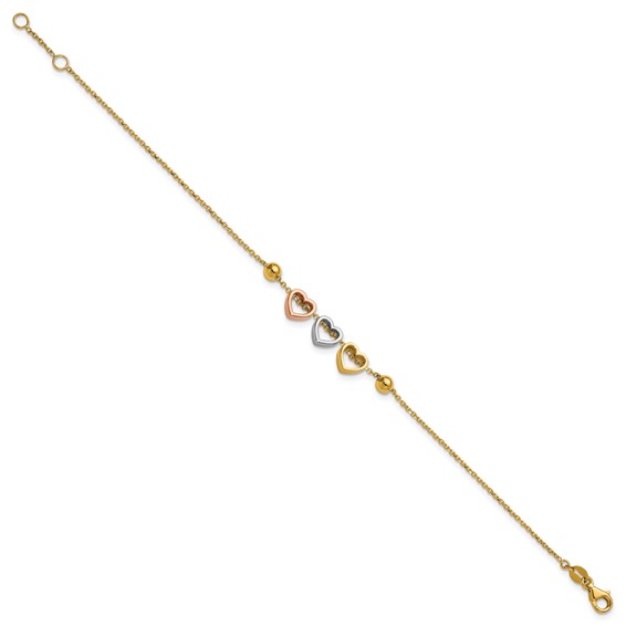 Herco 14K Tri-color Polished and Beaded 3 Heart 7 Inch with .5 Inch Extension Bracelet