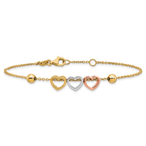 Herco 14K Tri-color Polished and Beaded 3 Heart 7 Inch with .5 Inch Extension Bracelet