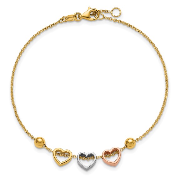 Herco 14K Tri-color Polished and Beaded 3 Heart 7 Inch with .5 Inch Extension Bracelet