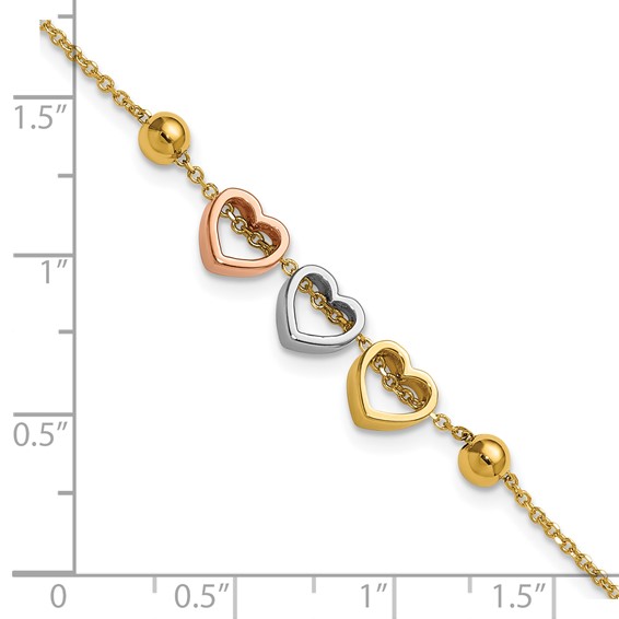 Herco 14K Tri-color Polished and Beaded 3 Heart 7 Inch with .5 Inch Extension Bracelet