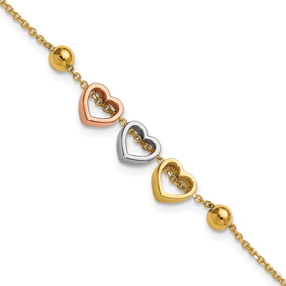 Herco 14K Tri-color Polished and Beaded 3 Heart 7 Inch with .5 Inch Extension Bracelet