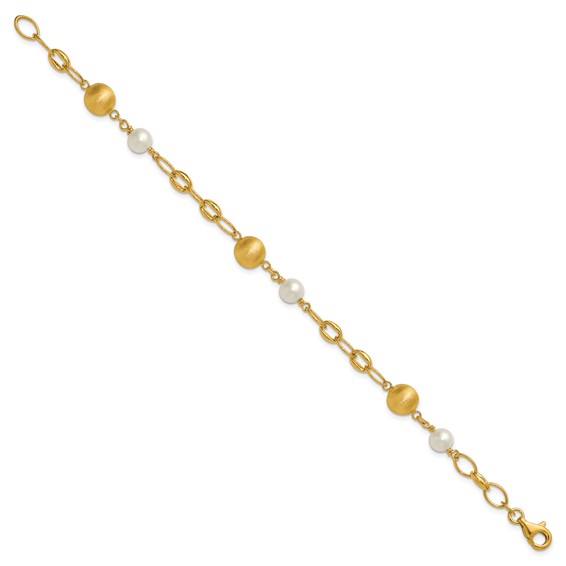 Herco 14K Polished Brushed Beads and Freshwater Cultured Pearls Mixed Link 7.5 Inch Bracelet