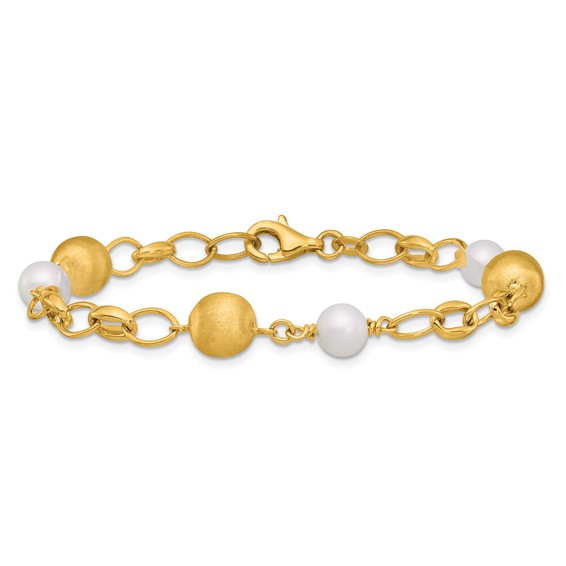 Herco 14K Polished Brushed Beads and Freshwater Cultured Pearls Mixed Link 7.5 Inch Bracelet
