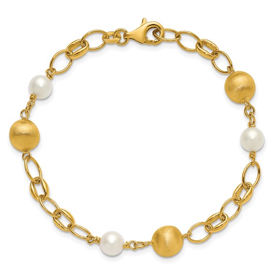 Herco 14K Polished Brushed Beads and Freshwater Cultured Pearls Mixed Link 7.5 Inch Bracelet