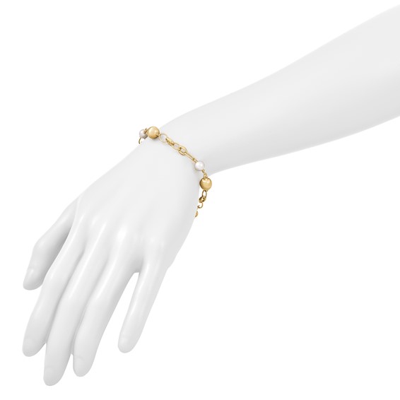 Herco 14K Polished Brushed Beads and Freshwater Cultured Pearls Mixed Link 7.5 Inch Bracelet