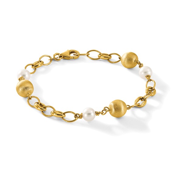 Herco 14K Polished Brushed Beads and Freshwater Cultured Pearls Mixed Link 7.5 Inch Bracelet