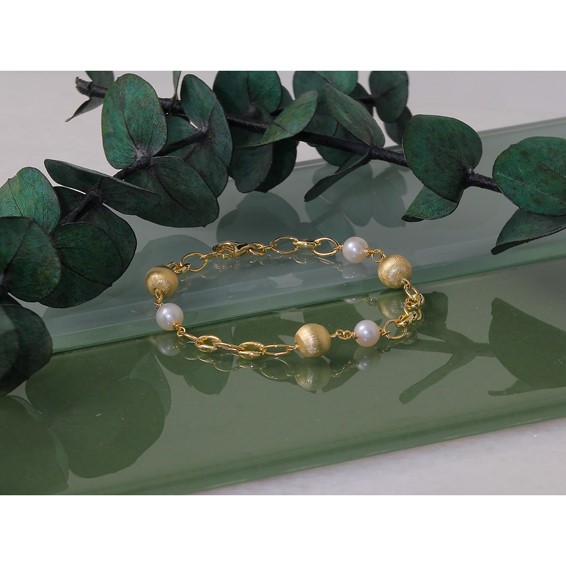 Herco 14K Polished Brushed Beads and Freshwater Cultured Pearls Mixed Link 7.5 Inch Bracelet