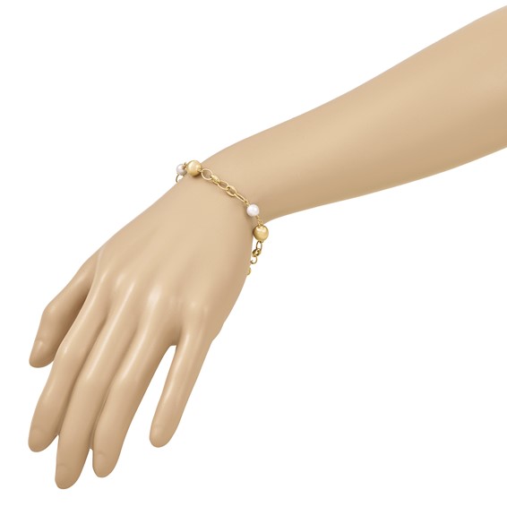 Herco 14K Polished Brushed Beads and Freshwater Cultured Pearls Mixed Link 7.5 Inch Bracelet