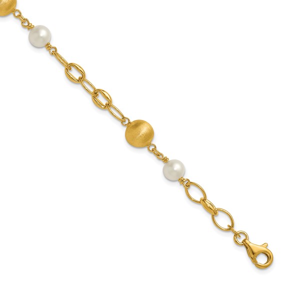 Herco 14K Polished Brushed Beads and Freshwater Cultured Pearls Mixed Link 7.5 Inch Bracelet
