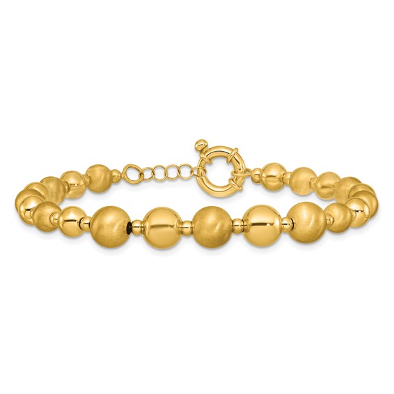 Herco 14K Polished and Brushed Graduated Beaded 7.5 Inch with .75 Inch Extension Bracelet
