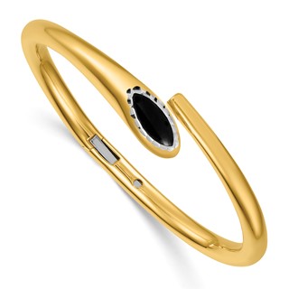 Herco 14K Polished with Rhodium Diamond-cut and Black Enamel Bypass Hinged Bangle