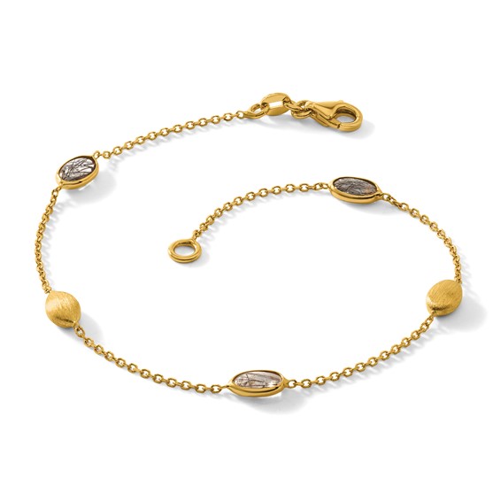 Herco 14K Brushed and Rutilated Quartz Ovals Station 7.5 Inch Bracelet