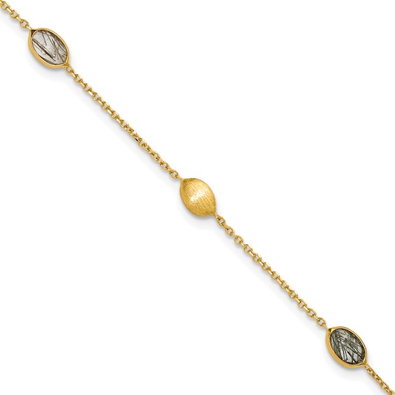 Herco 14K Brushed and Rutilated Quartz Ovals Station 7.5 Inch Bracelet