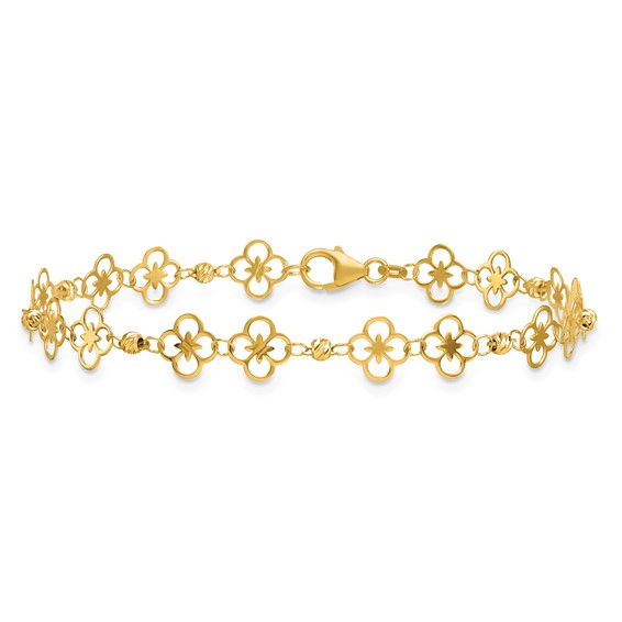Herco 14K Polished Fancy Clover Link and Diamond-cut Beaded 7 Inch Bracelet