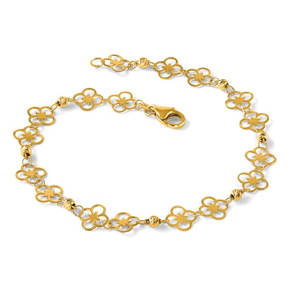 Herco 14K Polished Fancy Clover Link and Diamond-cut Beaded 7 Inch Bracelet