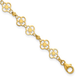 Herco 14K Polished Fancy Clover Link and Diamond-cut Beaded 7 Inch Bracelet