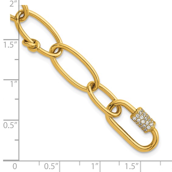 Herco 14K Polished Fancy Oval Link with CZ Carabiner 7.5 Inch Bracelet