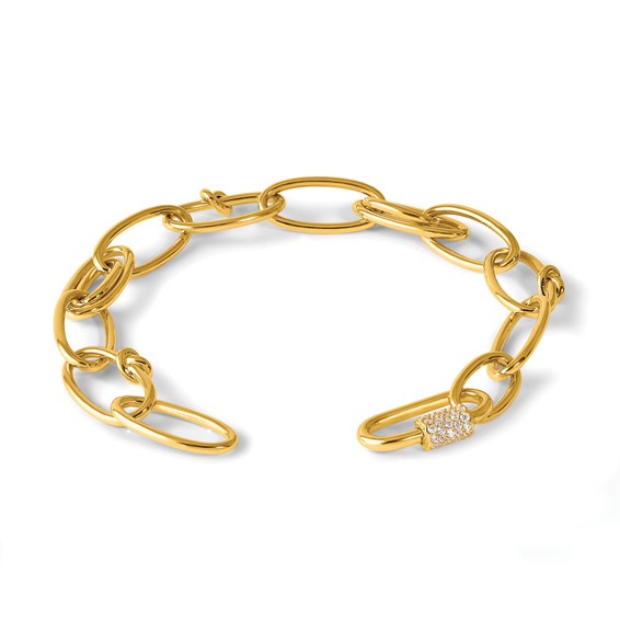 Herco 14K Polished Fancy Oval Link with CZ Carabiner 7.5 Inch Bracelet