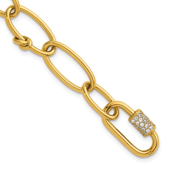 Herco 14K Polished Fancy Oval Link with CZ Carabiner 7.5 Inch Bracelet