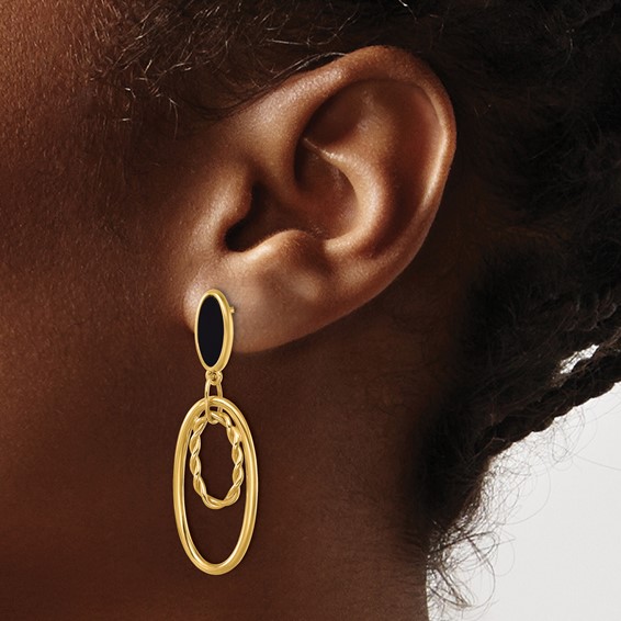 Herco 14K Polished and Twisted Onyx Oval Post Dangle Earrings