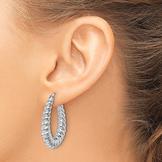 Herco 14K White Gold Rhodium-plated Polished and Grooved Graduated Oval Hoop Earrings