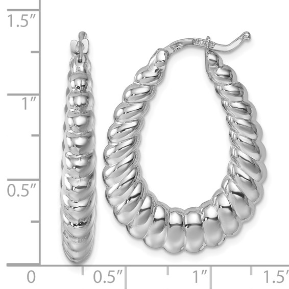 Herco 14K White Gold Rhodium-plated Polished and Grooved Graduated Oval Hoop Earrings